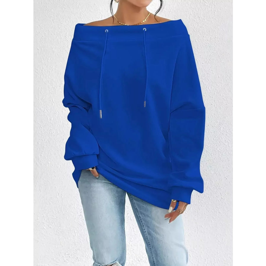Off-Shoulder Drawstring Sweatshirt Royal Blue / S Apparel and Accessories