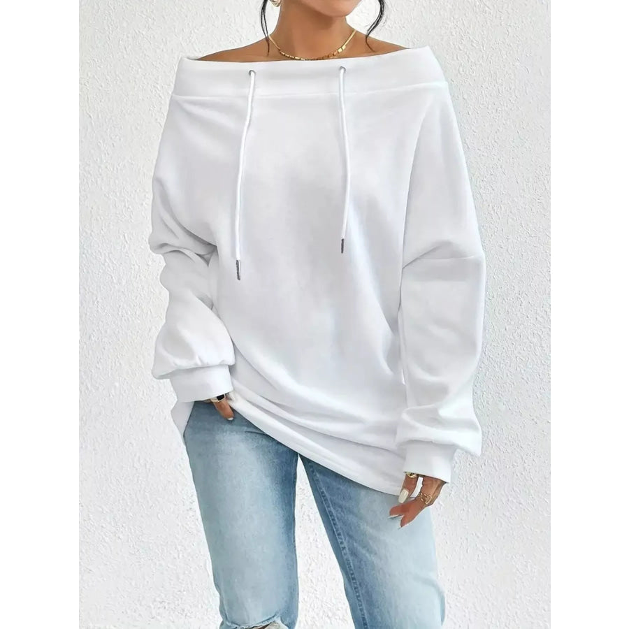 Off-Shoulder Drawstring Sweatshirt White / S Apparel and Accessories