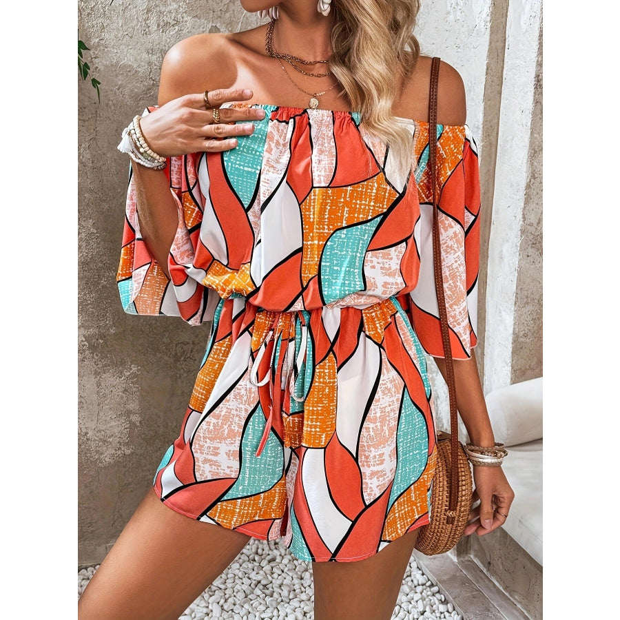Off-Shoulder Drawstring Waist Romper Orange / S Apparel and Accessories