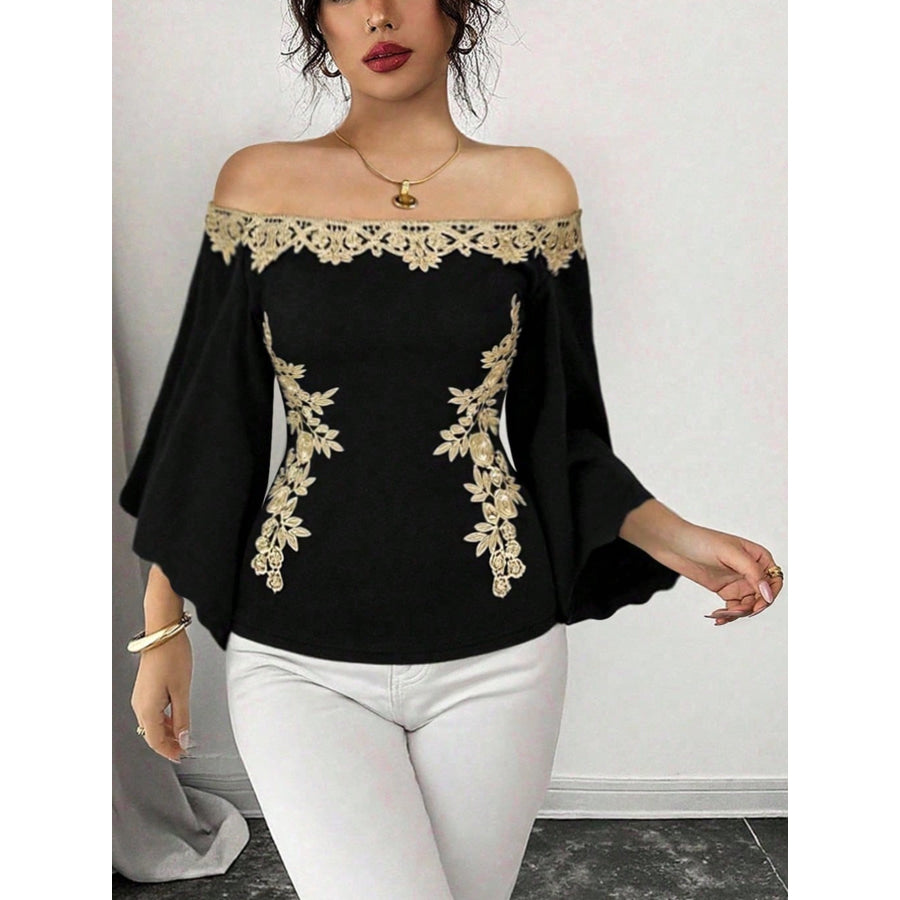 Off-Shoulder Embroidered Bell Sleeve Top Apparel and Accessories