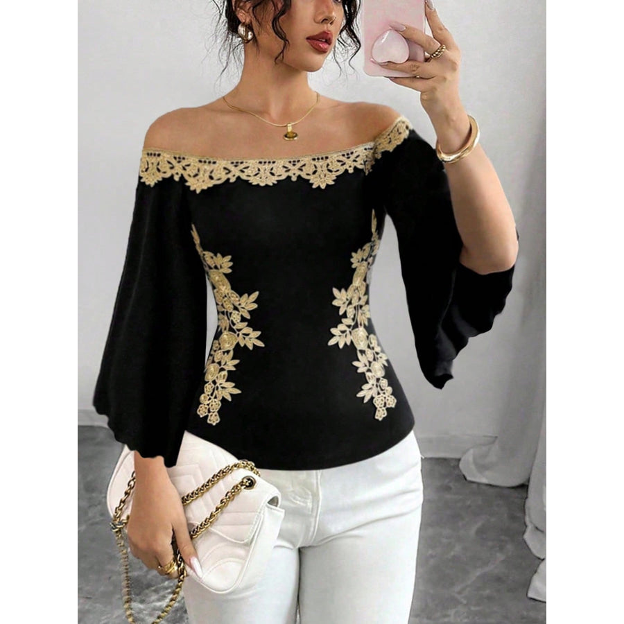 Off-Shoulder Embroidered Bell Sleeve Top Apparel and Accessories