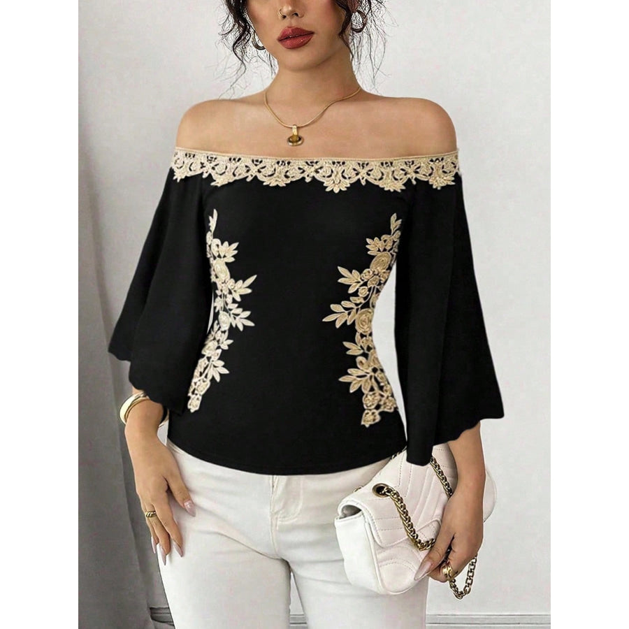 Off-Shoulder Embroidered Bell Sleeve Top Black / S Apparel and Accessories