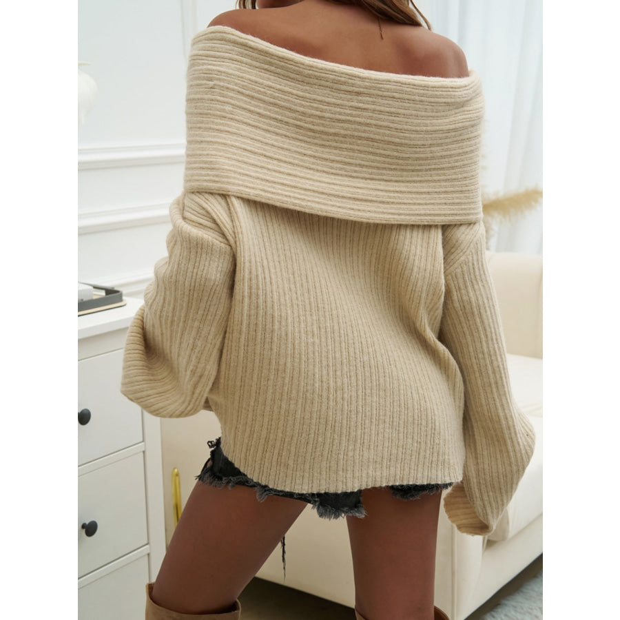 Off-Shoulder Extra-Long Sleeve Sweater Beige / S Apparel and Accessories