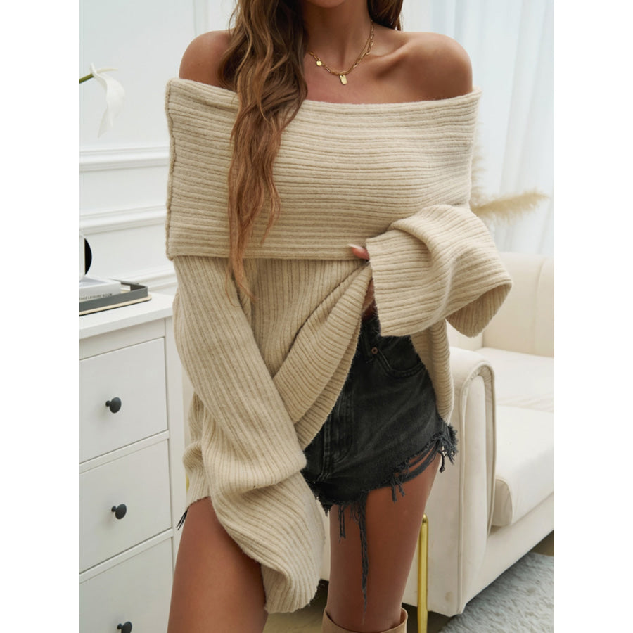 Off-Shoulder Extra-Long Sleeve Sweater Beige / S Apparel and Accessories