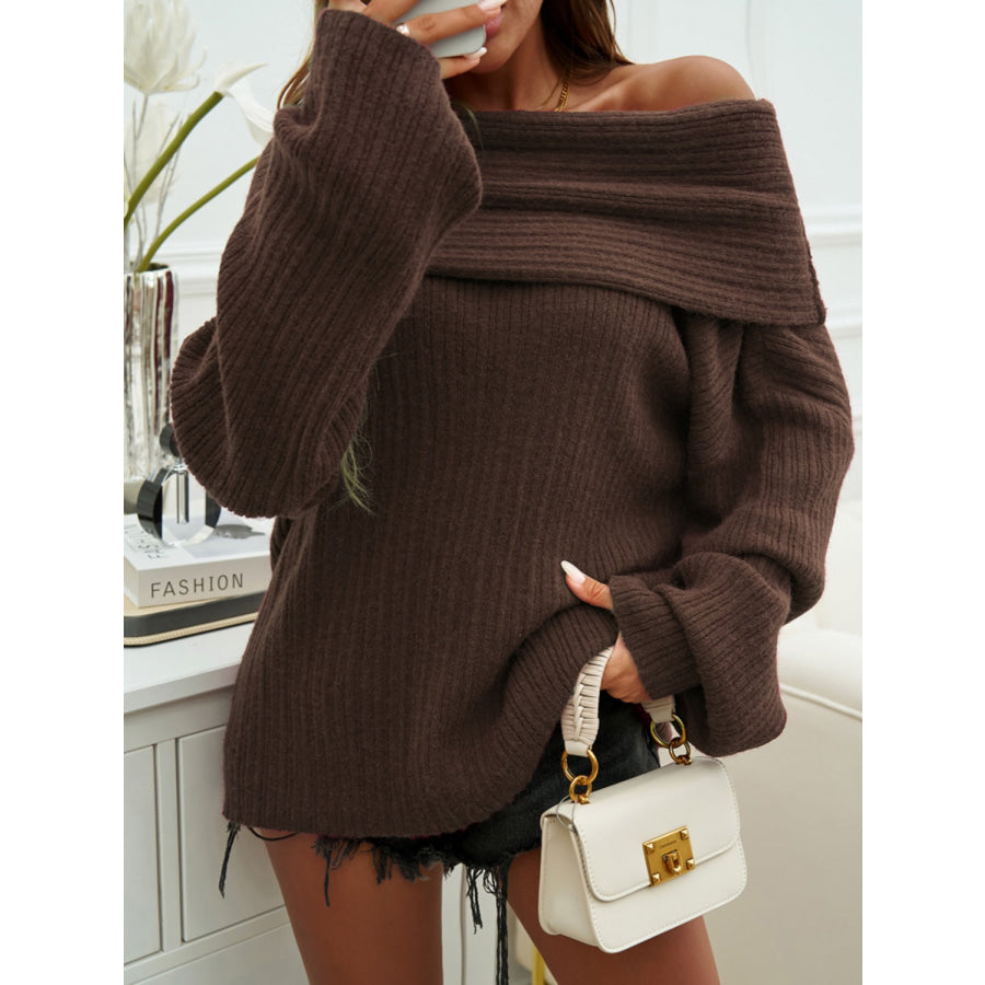 Off-Shoulder Extra-Long Sleeve Sweater Chocolate / S Apparel and Accessories