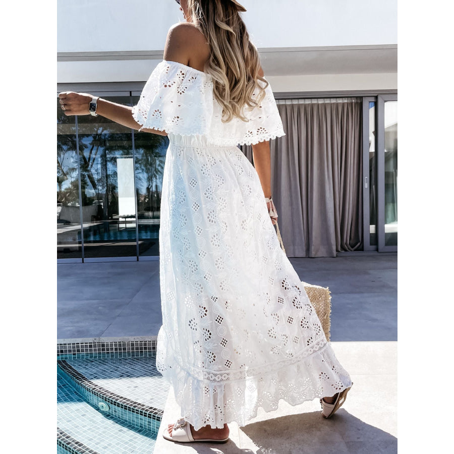 Off-Shoulder Eyelet Lace High-Low Maxi Dress Apparel and Accessories