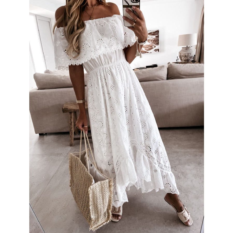 Off-Shoulder Eyelet Lace High-Low Maxi Dress Apparel and Accessories