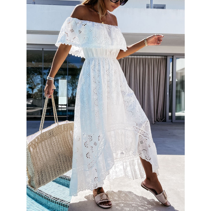 Off-Shoulder Eyelet Lace High-Low Maxi Dress Apparel and Accessories