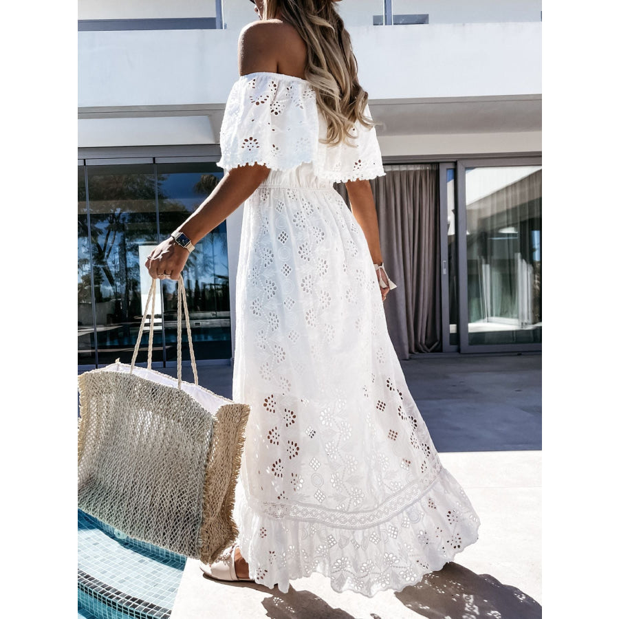 Off-Shoulder Eyelet Lace High-Low Maxi Dress Apparel and Accessories
