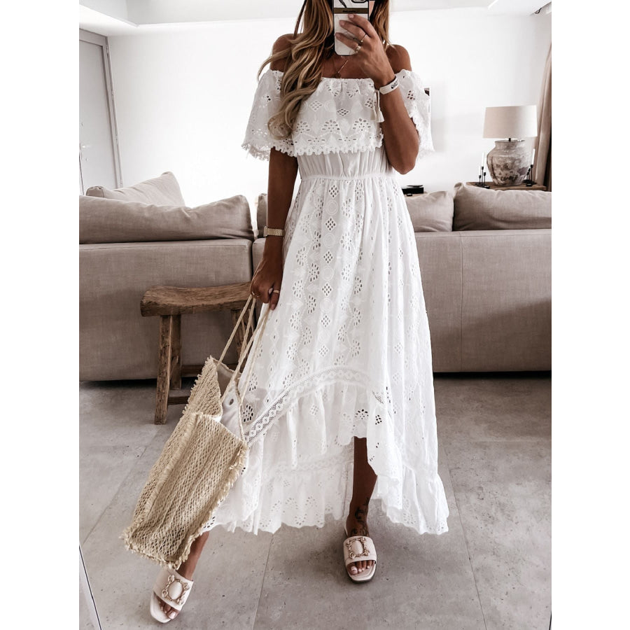 Off-Shoulder Eyelet Lace High-Low Maxi Dress White / S Apparel and Accessories