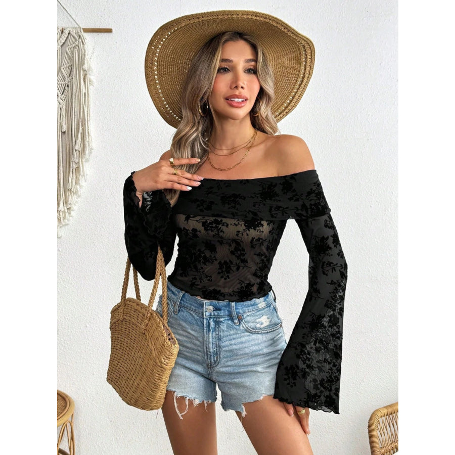 Off-Shoulder Flare Sleeve Lace Top Apparel and Accessories