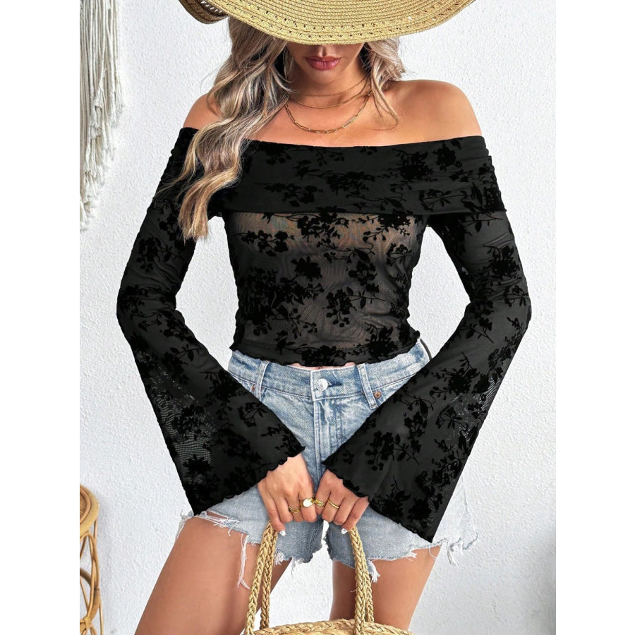 Off-Shoulder Flare Sleeve Lace Top Black / S Apparel and Accessories