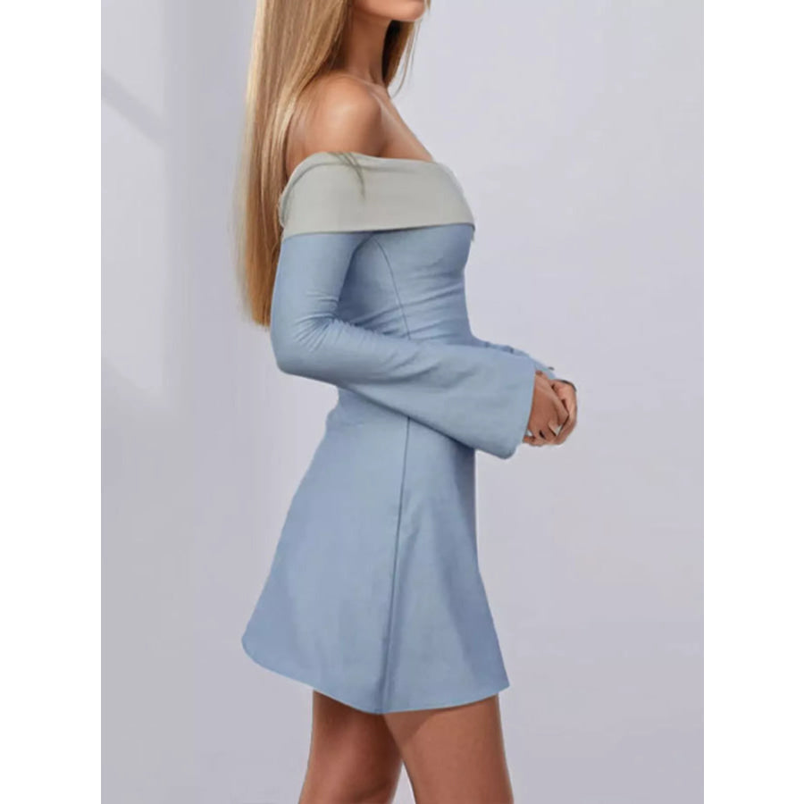 Off-Shoulder Flare Sleeve Mini Dress Light Blue / S Apparel and Accessories