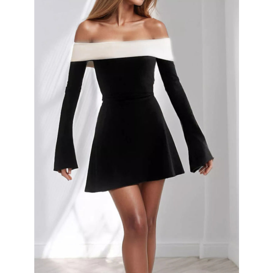 Off-Shoulder Flare Sleeve Mini Dress Black / S Apparel and Accessories