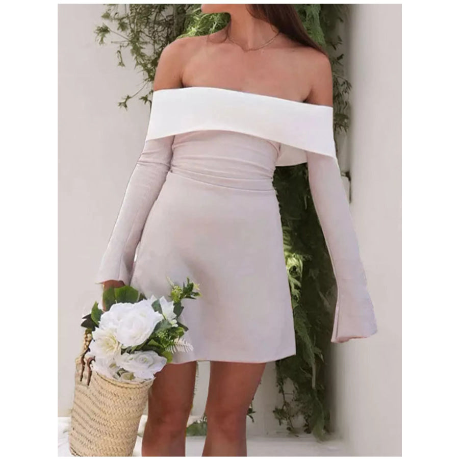 Off-Shoulder Flare Sleeve Mini Dress Eggshell / S Apparel and Accessories