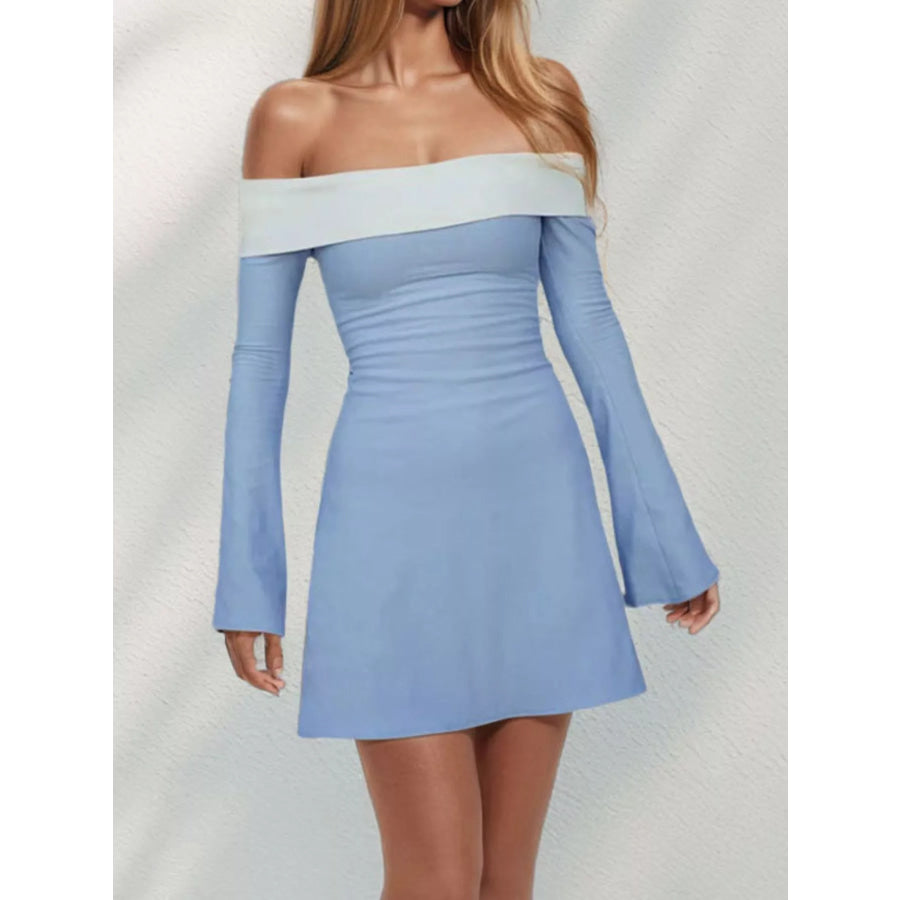 Off-Shoulder Flare Sleeve Mini Dress Light Blue / S Apparel and Accessories
