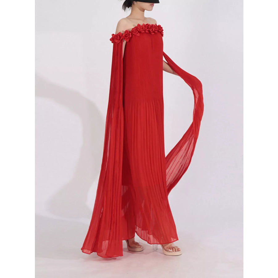 Off-Shoulder Floral Pleated Maxi Dress Apparel and Accessories