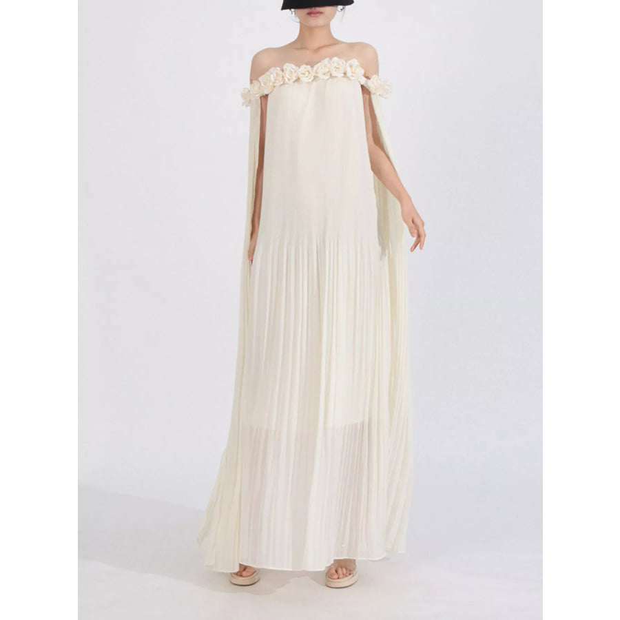 Off-Shoulder Floral Pleated Maxi Dress Apparel and Accessories