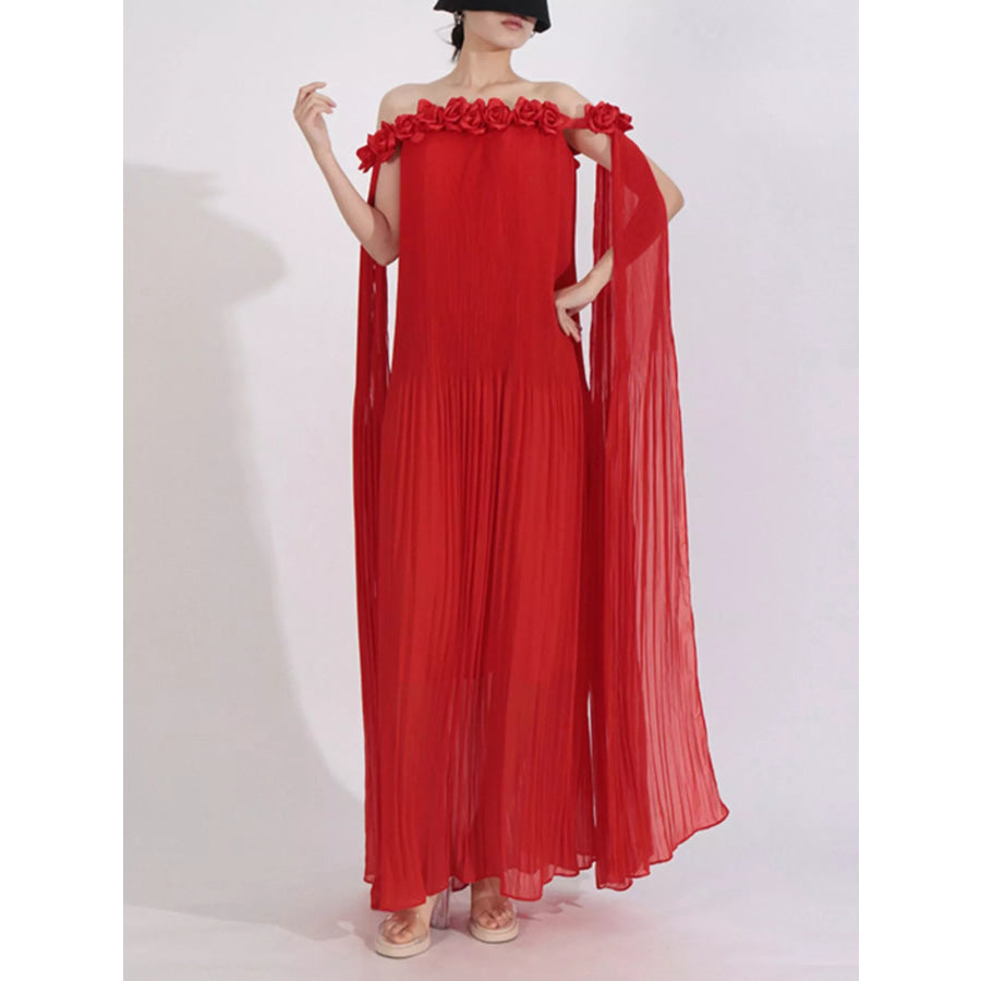 Off-Shoulder Floral Pleated Maxi Dress Apparel and Accessories