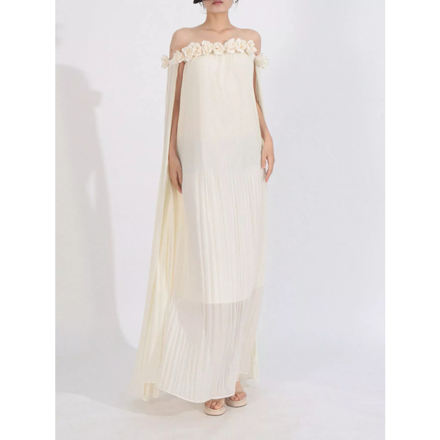 Off-Shoulder Floral Pleated Maxi Dress Apricot / S Apparel and Accessories