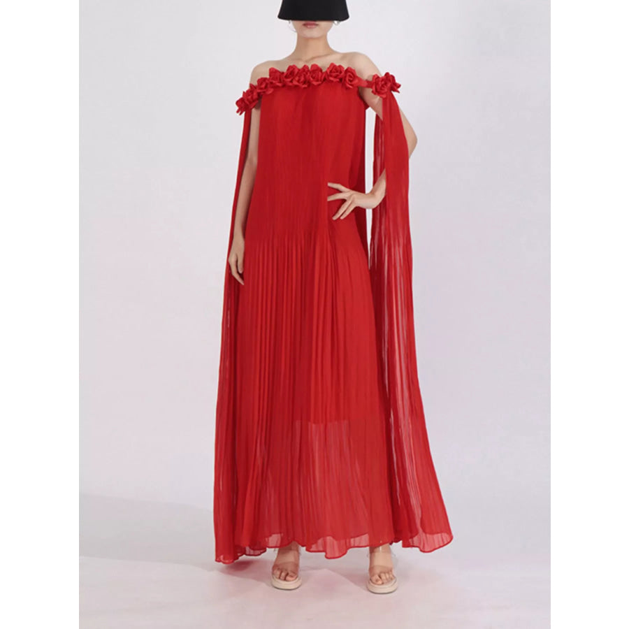 Off-Shoulder Floral Pleated Maxi Dress Red / S Apparel and Accessories