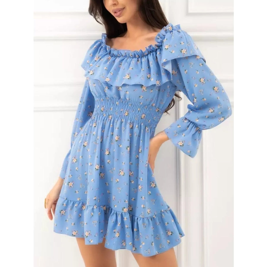 Off-Shoulder Floral Print Ruffle Dress Blue / S Apparel and Accessories