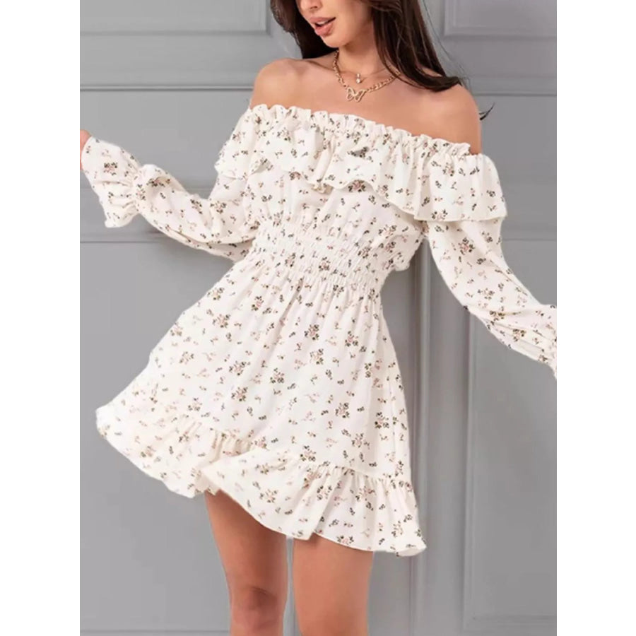 Off-Shoulder Floral Print Ruffle Dress White / S Apparel and Accessories