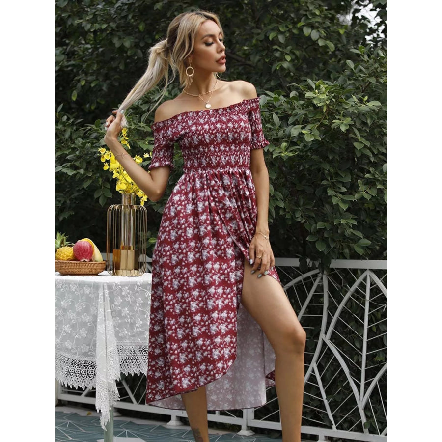 Off Shoulder Floral Slit Dress Burgundy / S Apparel and Accessories