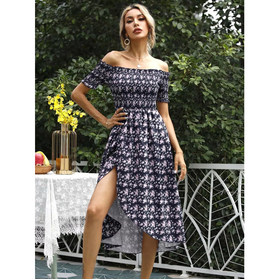 Off Shoulder Floral Slit Dress Dark Navy / S Apparel and Accessories