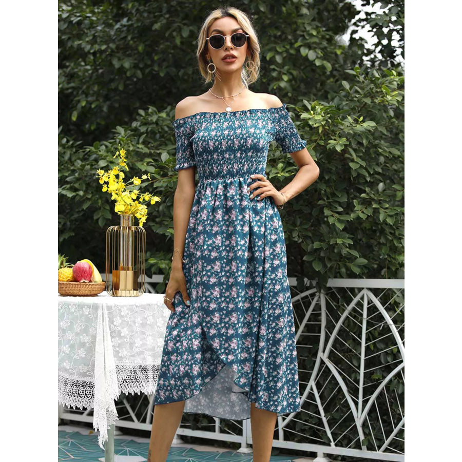 Off Shoulder Floral Slit Dress Deep Teal / S Apparel and Accessories