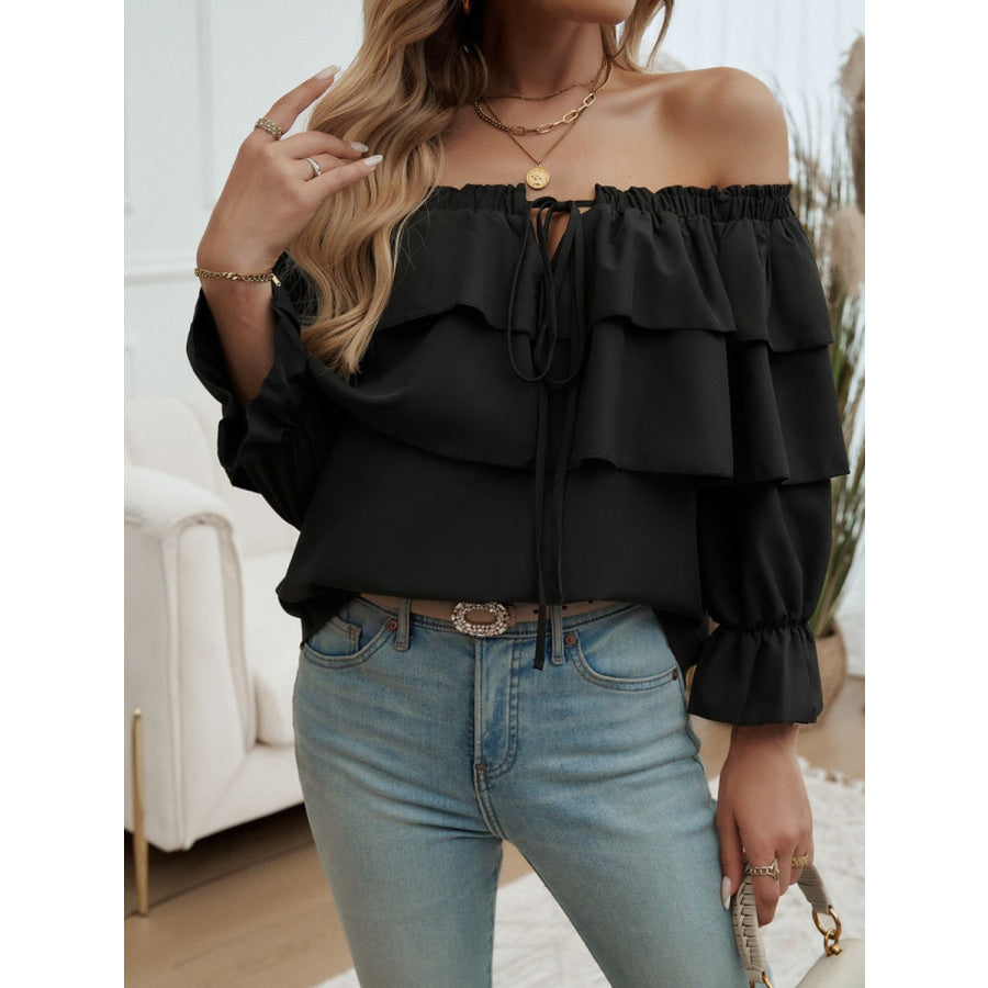 Off-Shoulder Flounce Sleeve Blouse Black / S Apparel and Accessories