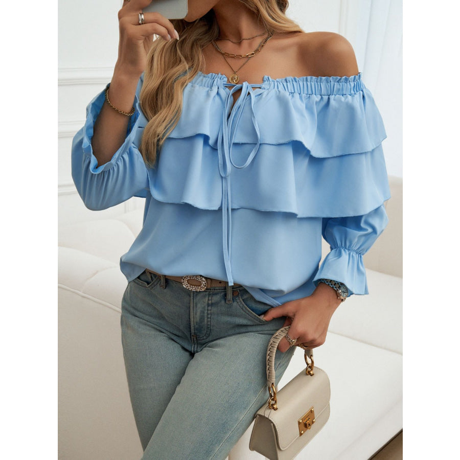 Off-Shoulder Flounce Sleeve Blouse Cerulean / S Apparel and Accessories