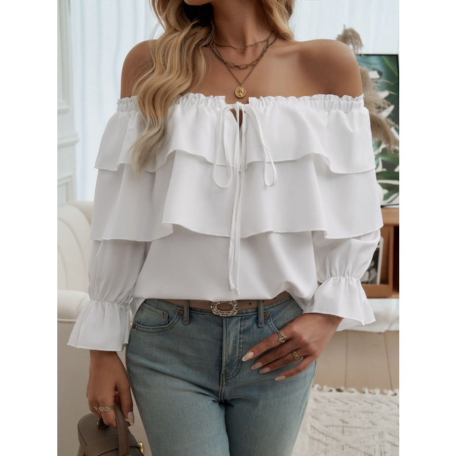 Off-Shoulder Flounce Sleeve Blouse White / S Apparel and Accessories