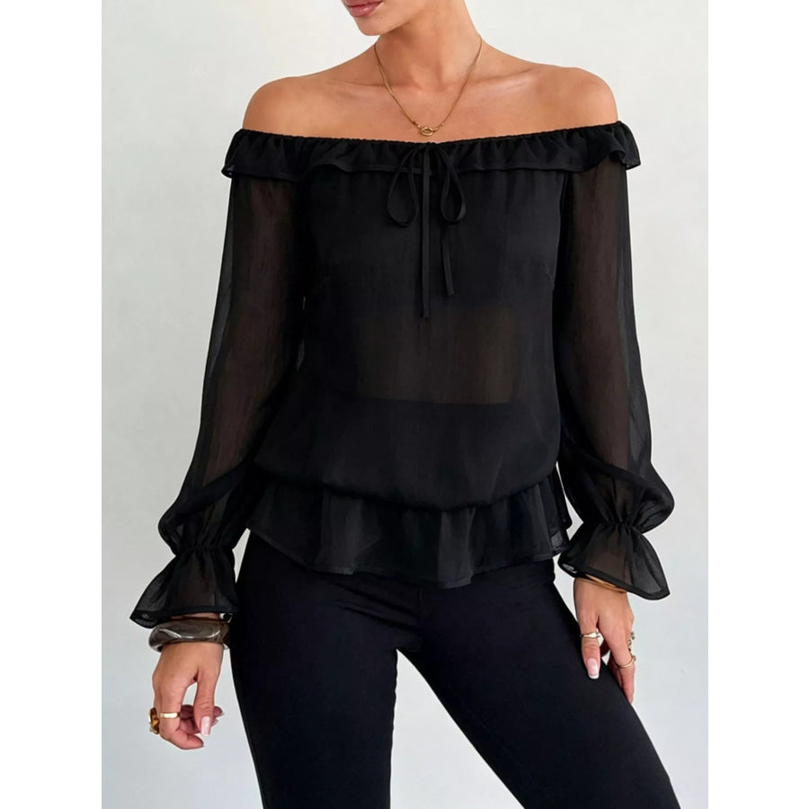 Off-Shoulder Flounce Sleeve Chiffon Blouse Black / S Apparel and Accessories