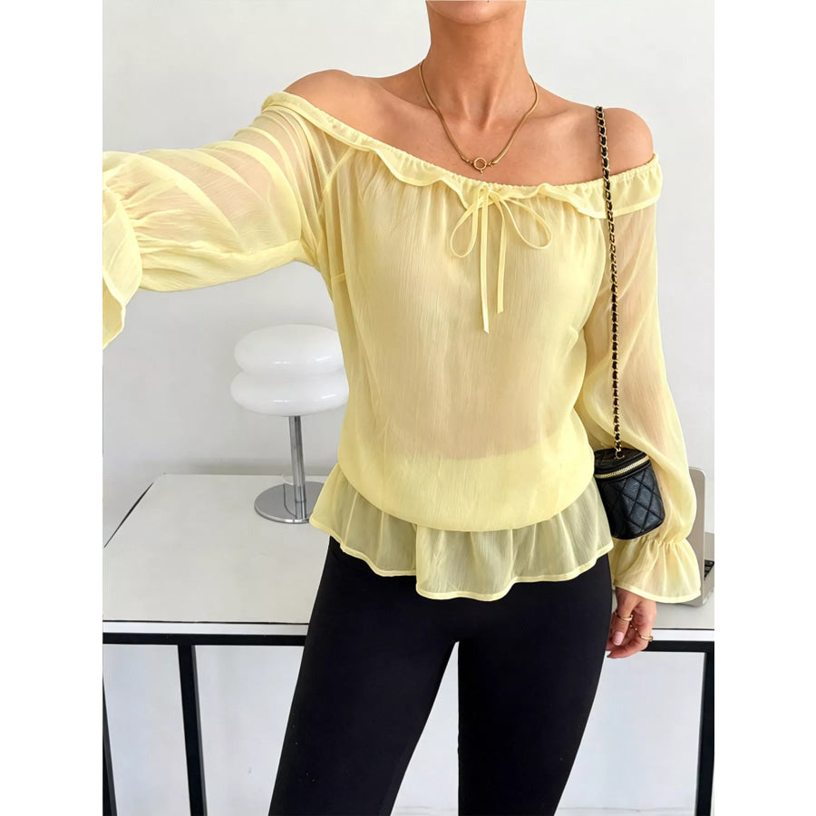 Off-Shoulder Flounce Sleeve Chiffon Blouse Light Yellow / S Apparel and Accessories
