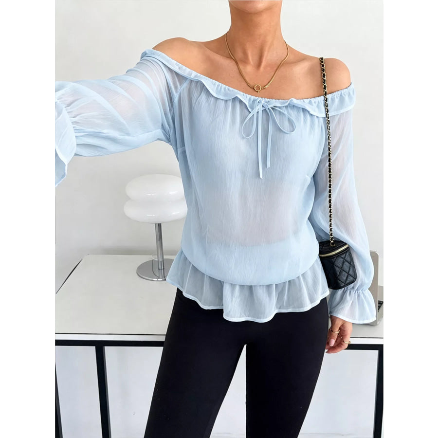 Off-Shoulder Flounce Sleeve Chiffon Blouse Sky Blue / S Apparel and Accessories