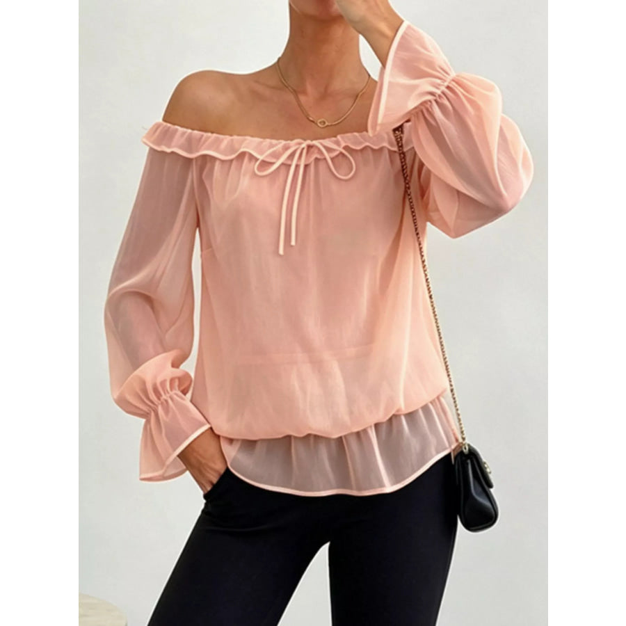 Off-Shoulder Flounce Sleeve Chiffon Blouse Watermelon pink / S Apparel and Accessories