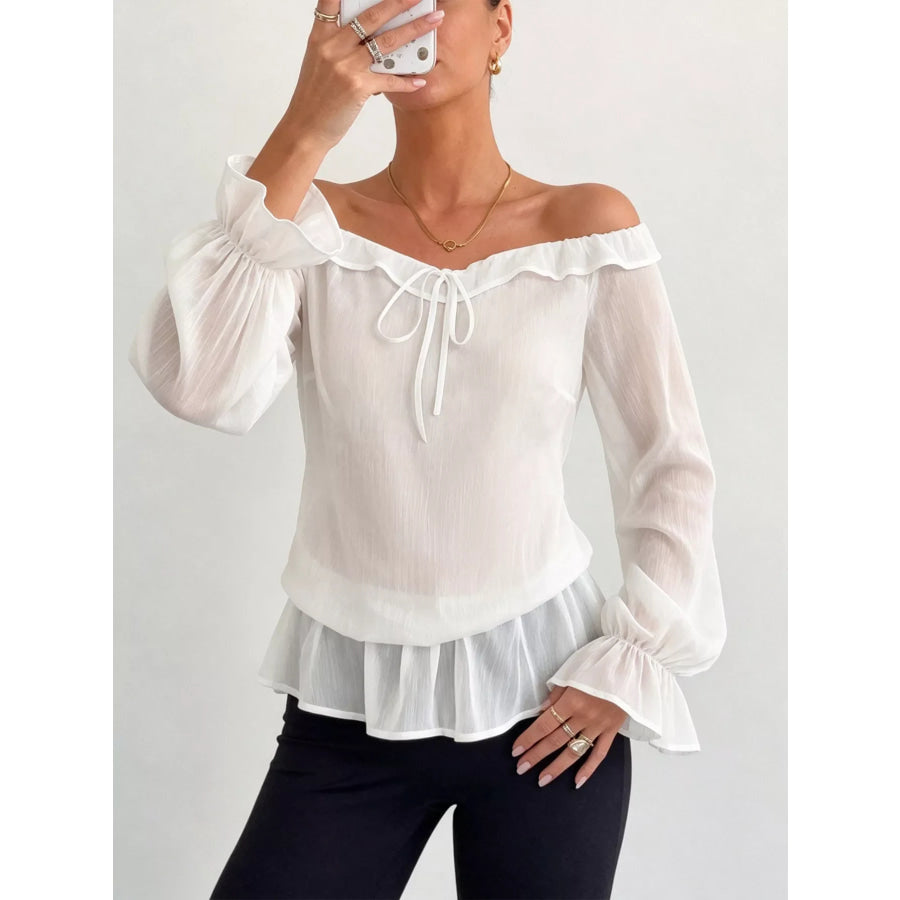 Off-Shoulder Flounce Sleeve Chiffon Blouse White / S Apparel and Accessories