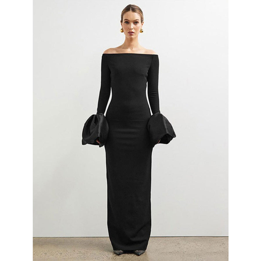 Off-Shoulder Flounce Sleeve Maxi Dress Black / S Apparel and Accessories
