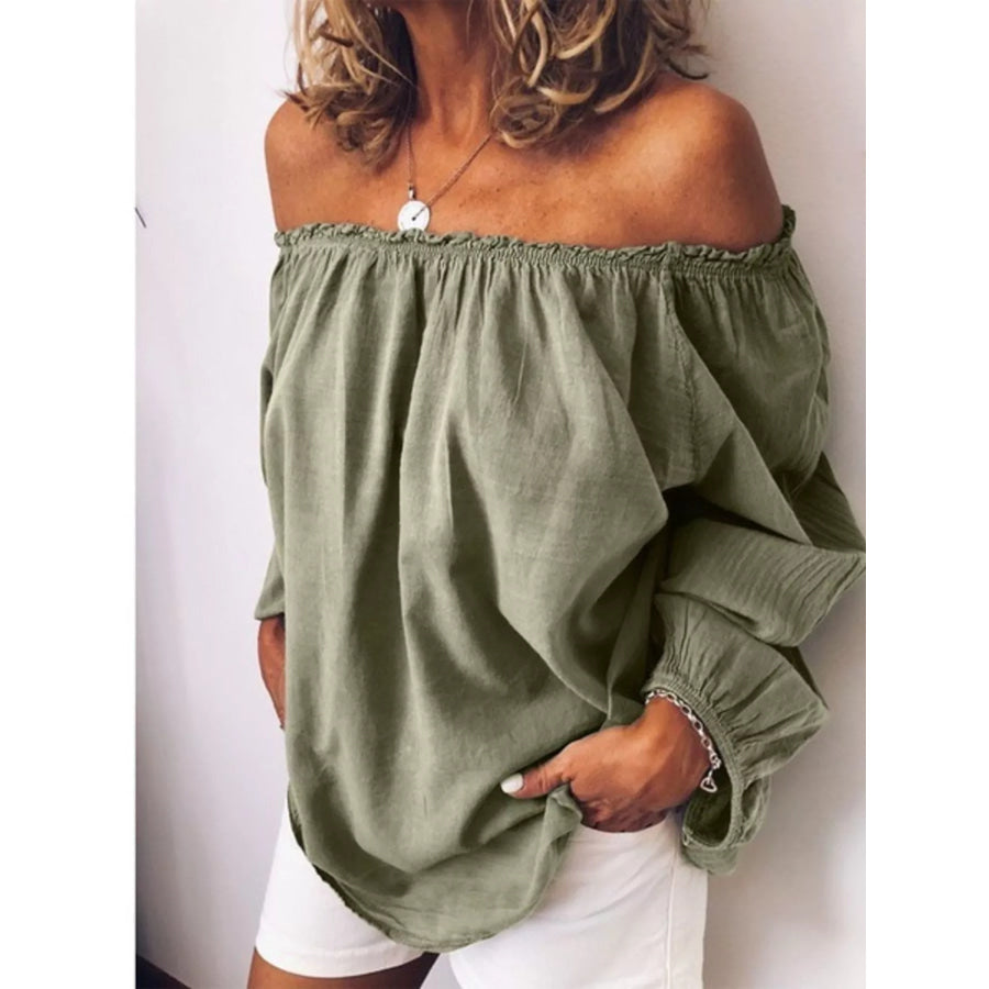 Off-Shoulder Frill Trim Blouse Army Green / S Apparel and Accessories