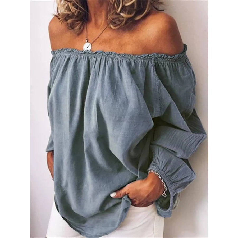 Off-Shoulder Frill Trim Blouse Blue / S Apparel and Accessories