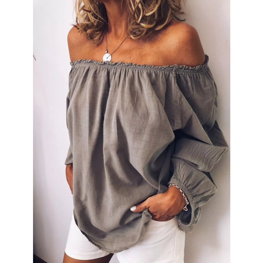 Off-Shoulder Frill Trim Blouse Gray / S Apparel and Accessories