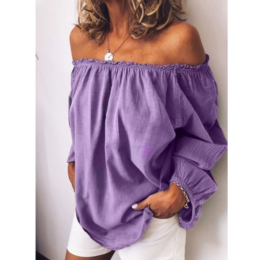 Off-Shoulder Frill Trim Blouse Purple / S Apparel and Accessories