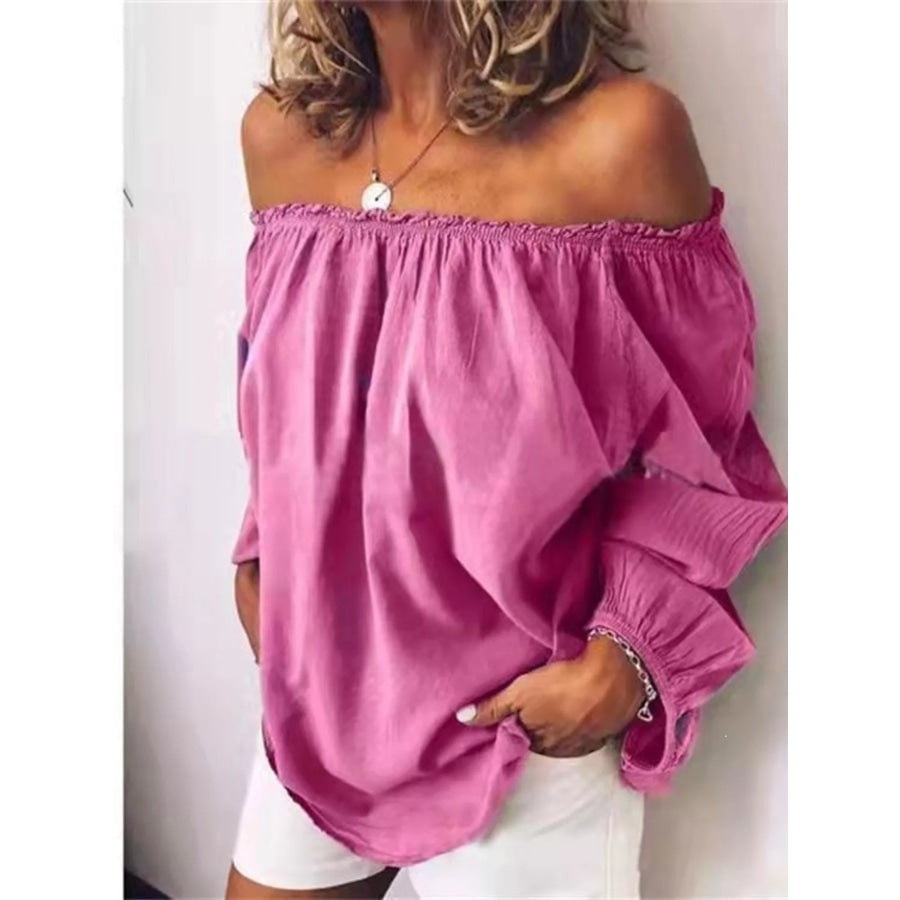 Off-Shoulder Frill Trim Blouse Red / S Apparel and Accessories