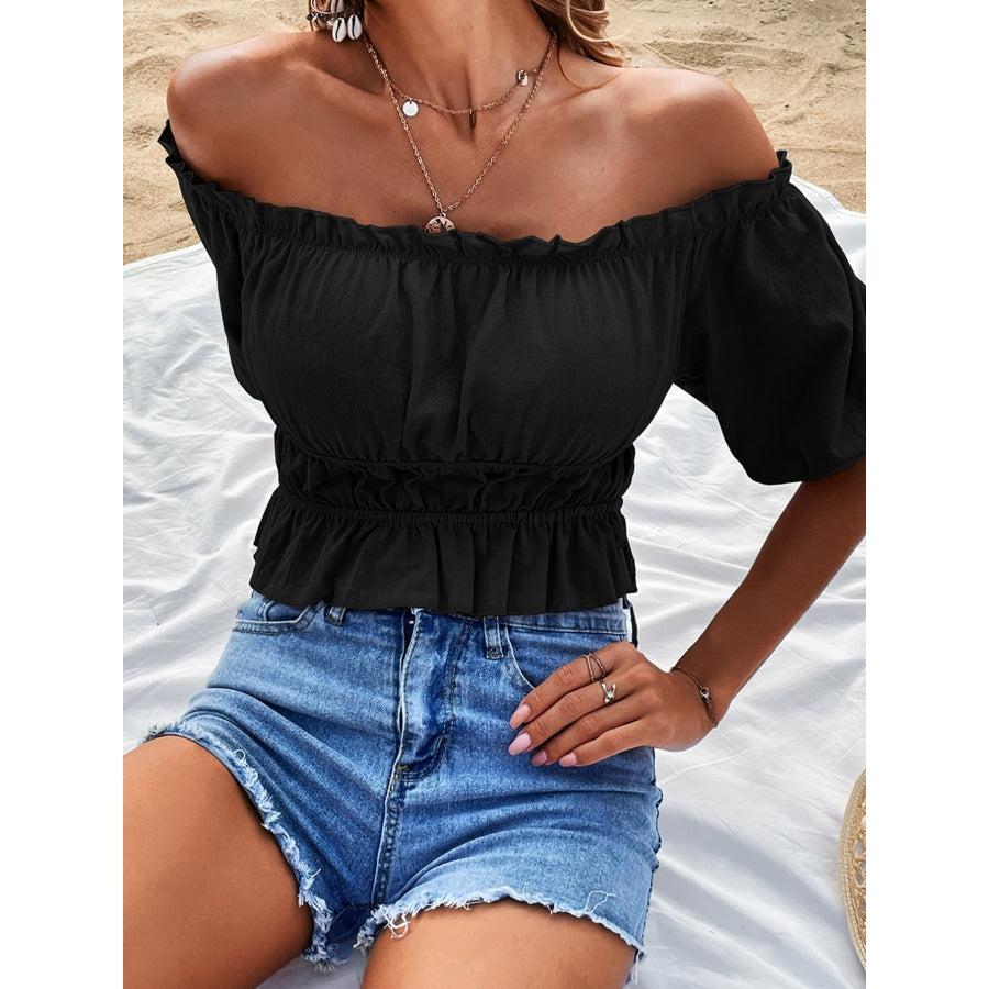 Off-Shoulder Frill Trim Peplum Top Black / S