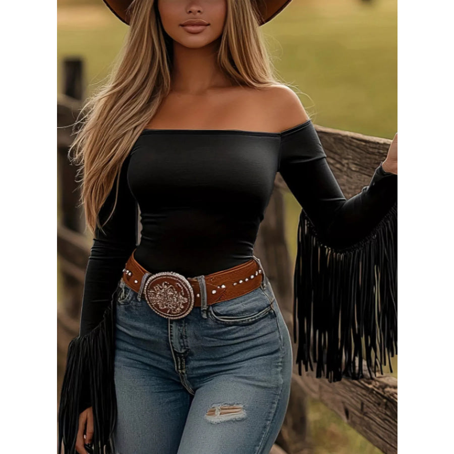 Off-Shoulder Fringe Sleeve T-Shirt Black / S Apparel and Accessories