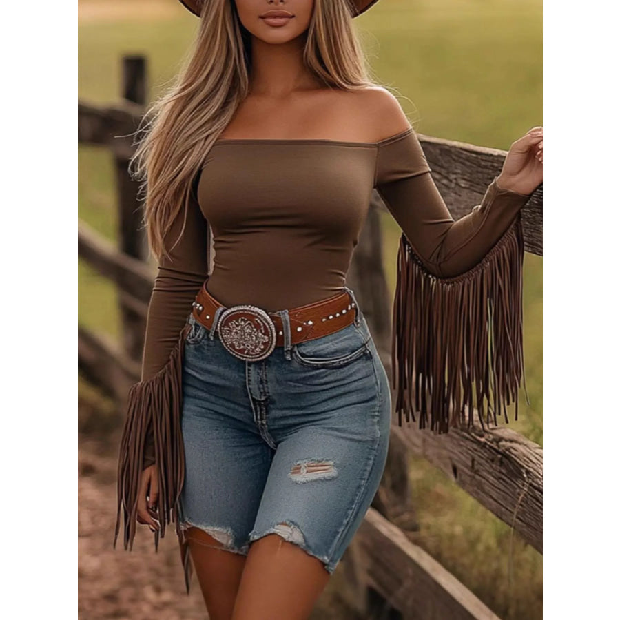Off-Shoulder Fringe Sleeve T-Shirt Light Brown / S Apparel and Accessories