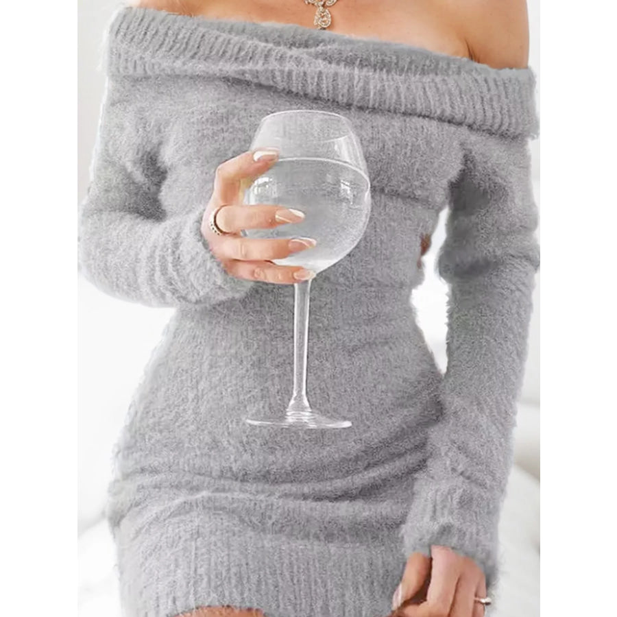 Off-Shoulder Fuzzy Knit Sweater Dress 046 Mist Gray / S Apparel and Accessories