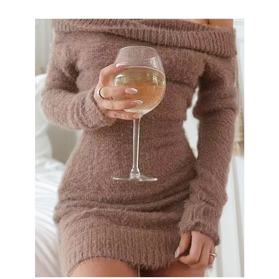 Off-Shoulder Fuzzy Knit Sweater Dress 076 Light Brown / S Apparel and Accessories