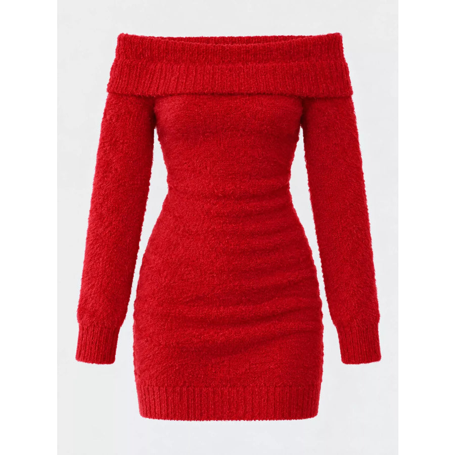 Off-Shoulder Fuzzy Knit Sweater Dress Apparel and Accessories